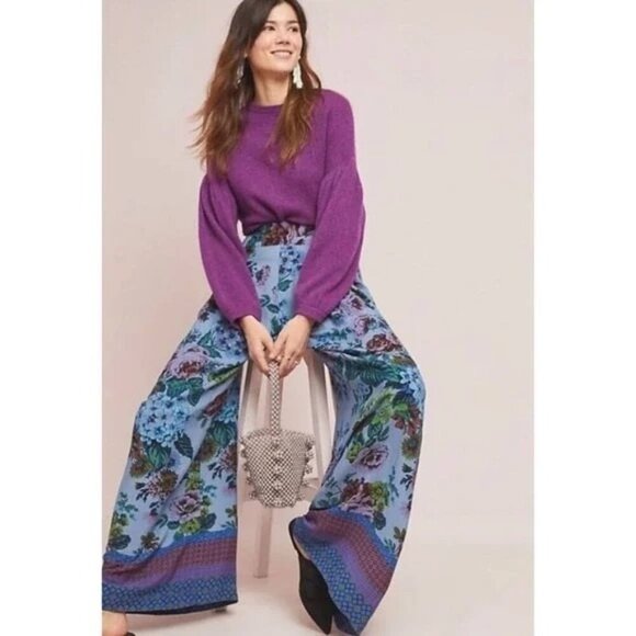 Maeve Anthropologie Floral Terrace Wide Leg Palazzo Pants Blue Purple Size 0 NWT - Picture 2 of 9
